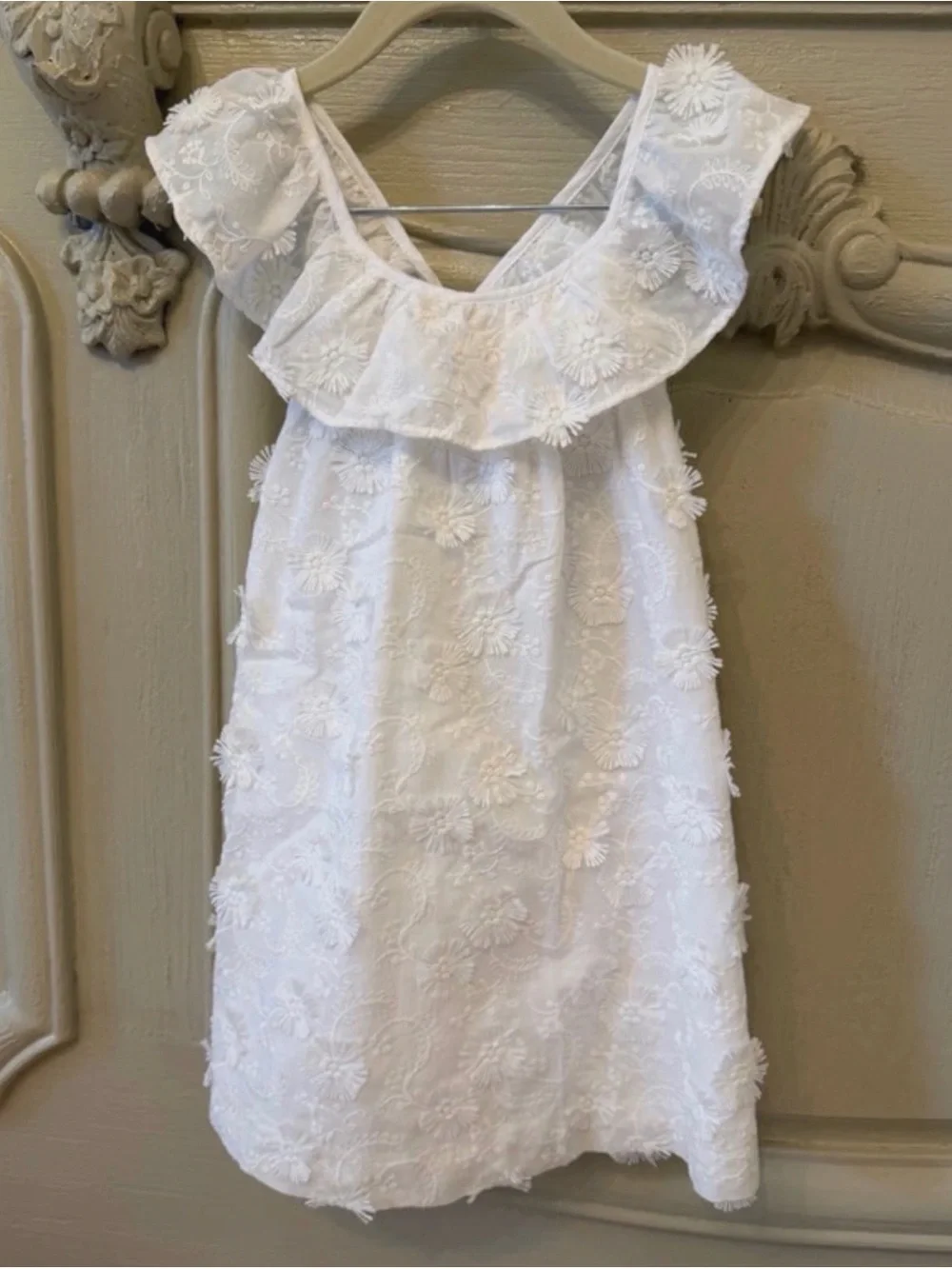 Zara White 3D Floral Lace Ruffle-Shoulder Dress for Girls
